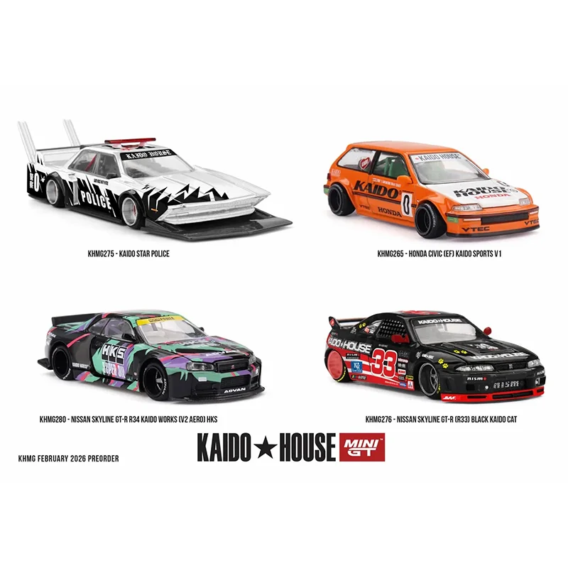1:64 New Kaido Minigt (Kaido Star Police 275)(Gtr R33 Kaido Cat 276)(Gtr R34 Hks 280)(Honda Civic Ef 265) Alloy Model Toys Gifts view 2