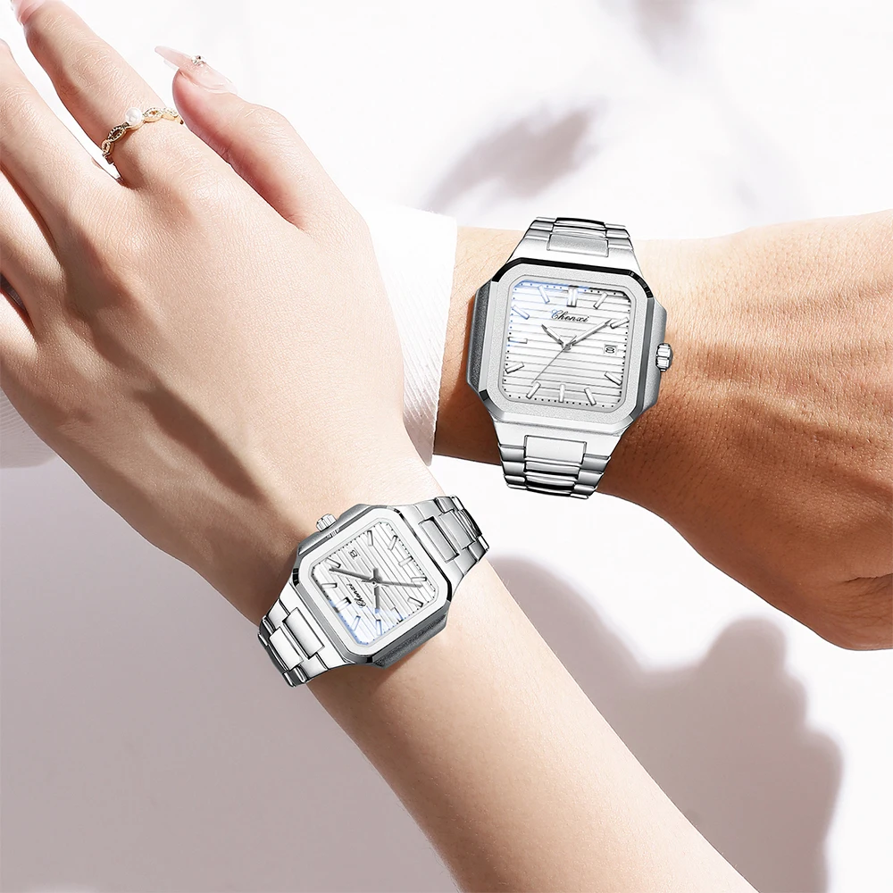CHENXI Simple Fashion Quartz Couple Watch Luminous Waterproof Men Women Watches Square Dial Stainless Steel Couples Wristwatches