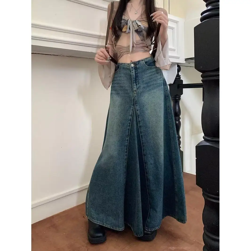 

Женская винтажная джинсовая юбка больших размеров, длинная юбка трапециевидной формы, повседневная юбка с высокой талией, наполненная на молнии