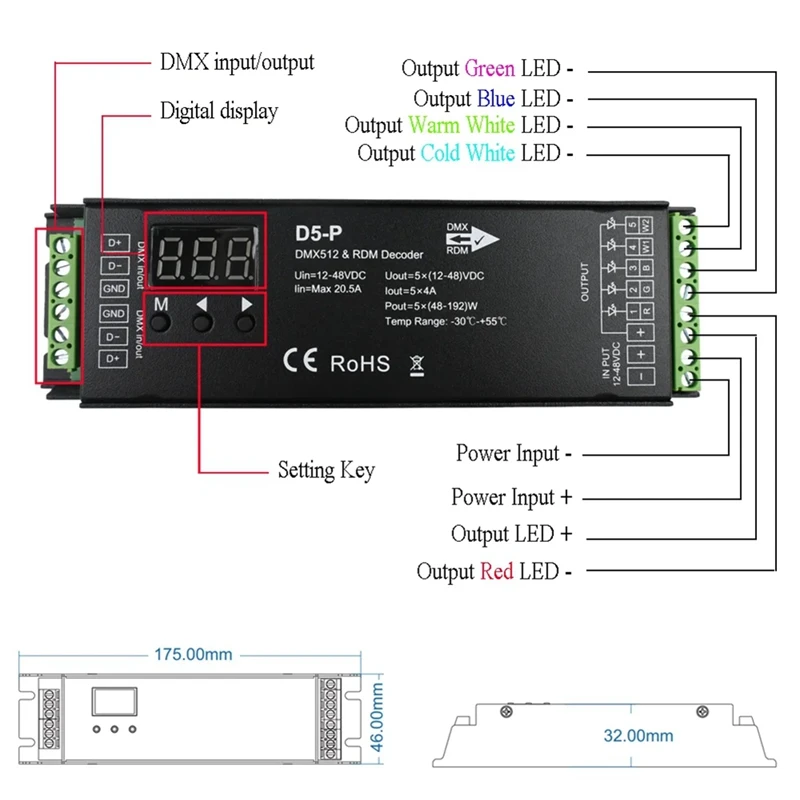 5 Channel DMX Decoder With RDM Digital Display DMX512 Dimmer Driver PWM RGBCCT LED Controller LED Module Light