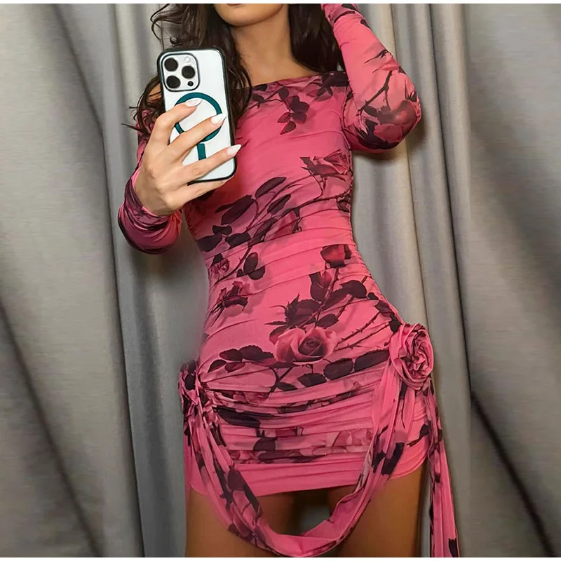 Damen Rosa Rosen-Print Transparentes Mesh-Minikleid Schulterfreies Langarm-Kleid mit Raffungen und Seitlicher Schnürung Sexy Party-Clubwear – Detail 16
