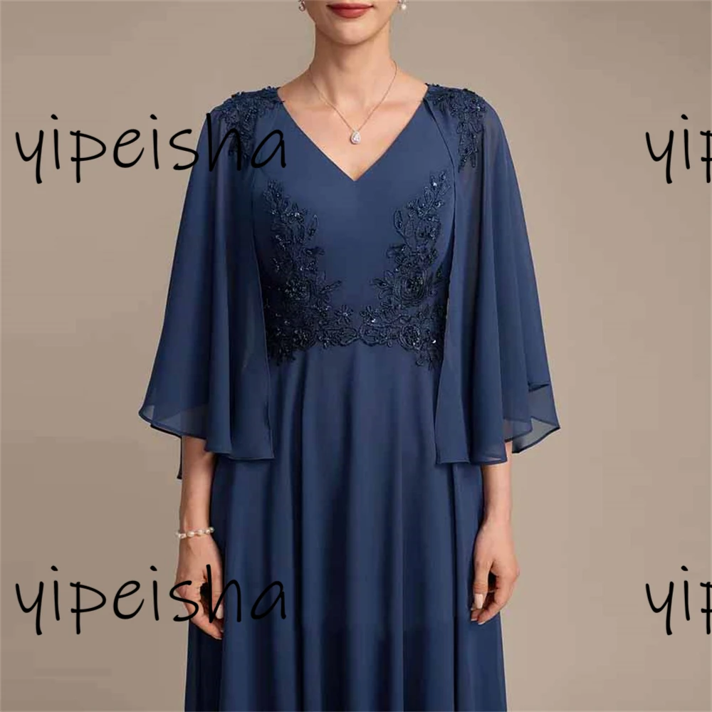 Customized  Simple Fashion elegant Sequined Chiffion V-link Beading Lace Appliques Fold Draped Half sleeve mother of the bride D