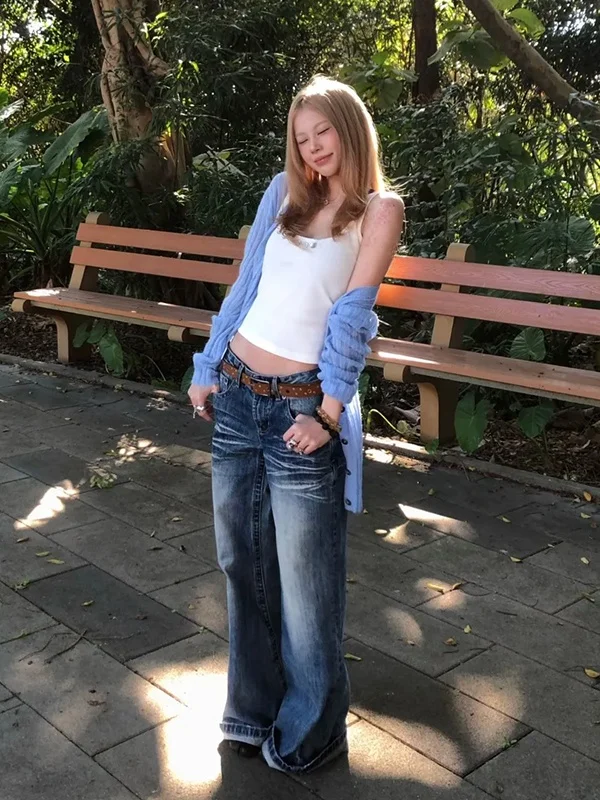 

Retro American Waed Denim Pants High Waist Loose Straight Leg Floor-Length Women's PmORh Trousers for Spring 2026