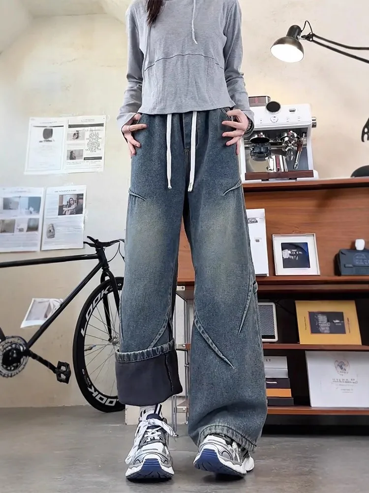 

Мужские джинсы в стиле ретро с синей талией adient Fce на подкладке, осень-зима, уличная рабочая одежда, брюки, плиссированные расклешенные брюки