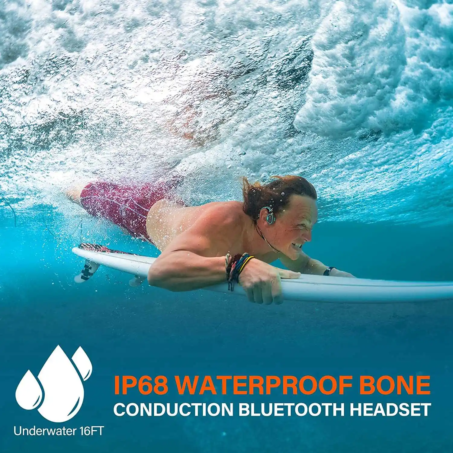 หูฟัง Bone Conduction IP68 กันน้ํา Bluetooth 5.1 หูฟังไร้สายแบบเปิดหูสําหรับวิ่งว่ายน้ําสีน้ําเงิน