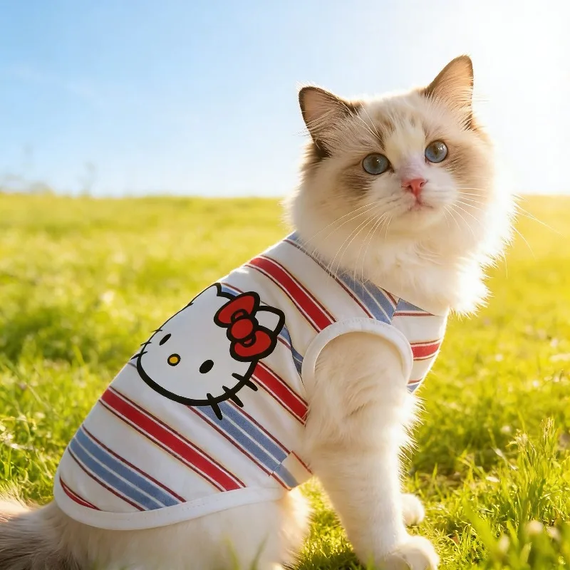 

Hello Kitty Anti-Shedding Pet Tank Top, Striped Breathable Cotton Lightweight Summer Sleeveless Top for Cats Dogs
