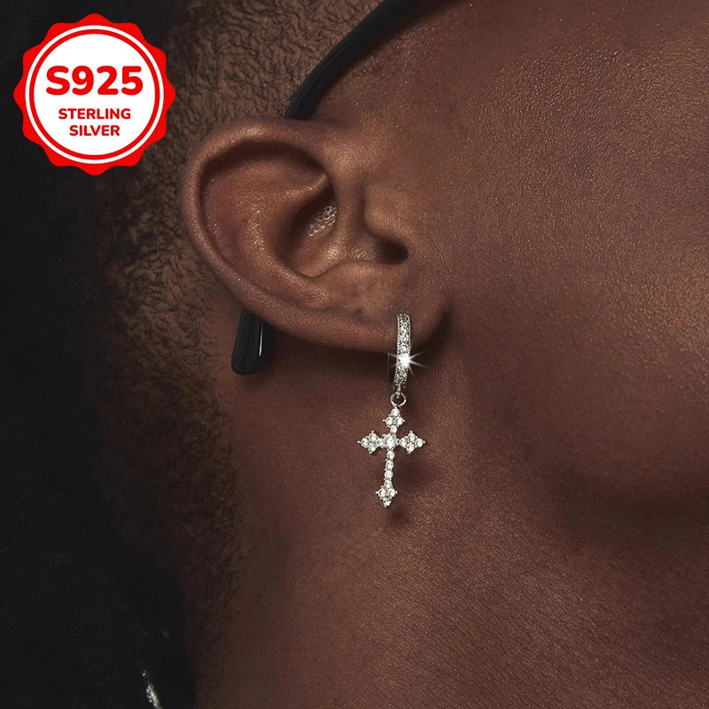 

925 sterling silver hip-hop trend men's earrings set with zircon diamond-shaped crosses are perfect as gifts for men