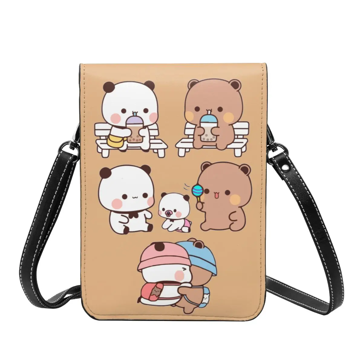 Bubu Dudu Kawaii Small Cell Phone Purse Leather Card Case Stylish Female Cute Bear and Panda Cartoon Mini Shoulder Bag Portable