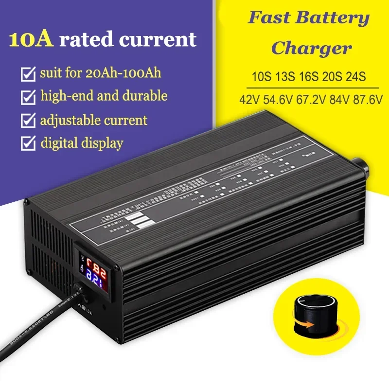 

Power Charge 60V 48V 73V 67.2V 71.4V 58.8V 54.6V Lithium Battery Charger 10A Li-ion Lipo Lifepo4 13S 14S 16S 20S Fast Charging