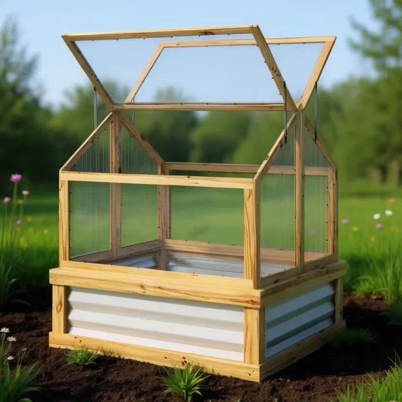 Wood Greenhouse for Garden Plant Growing with Transparent Panels and Hinged Roof Design