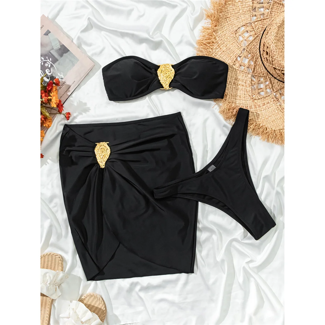 3-teiliges Set mit Rock, Bandeau-Bikini, Metallring, Damen-Badeanzug, dreiteiliger Bikini, Badebekleidung, Badeanzug, Schwimmkleidung V6954 – Detail 6