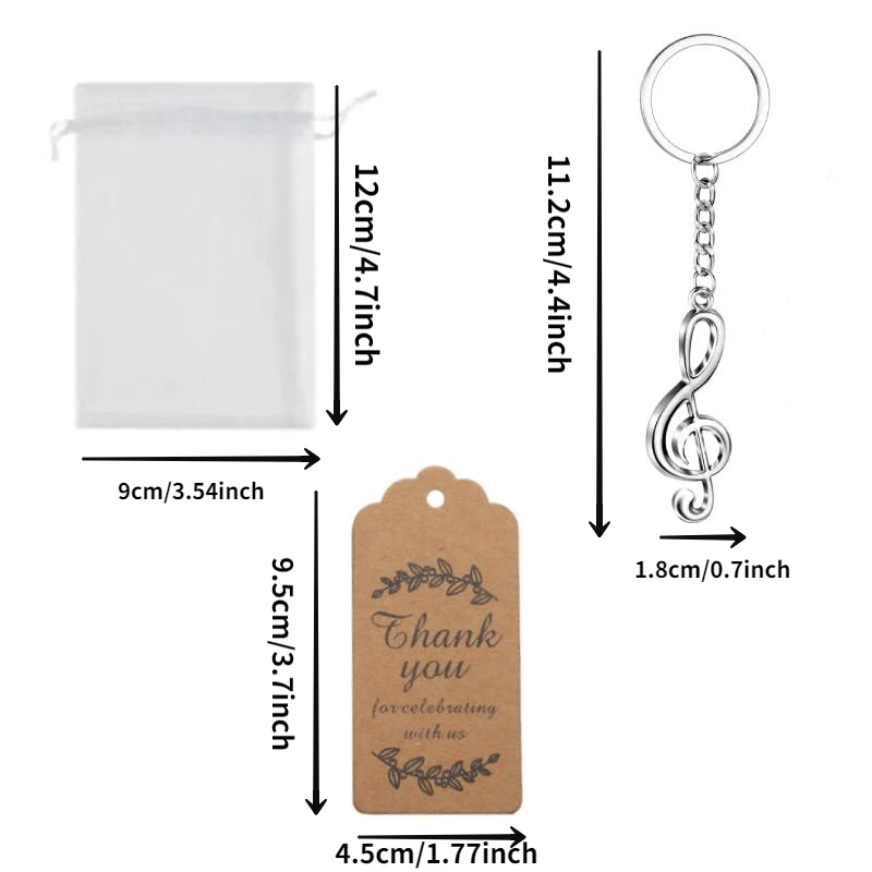 10Sets Musical Note Key Chain Party Favors Music Symbol Key Rings Thank You Gift Tags Organza Bags for Party Favors Decoration