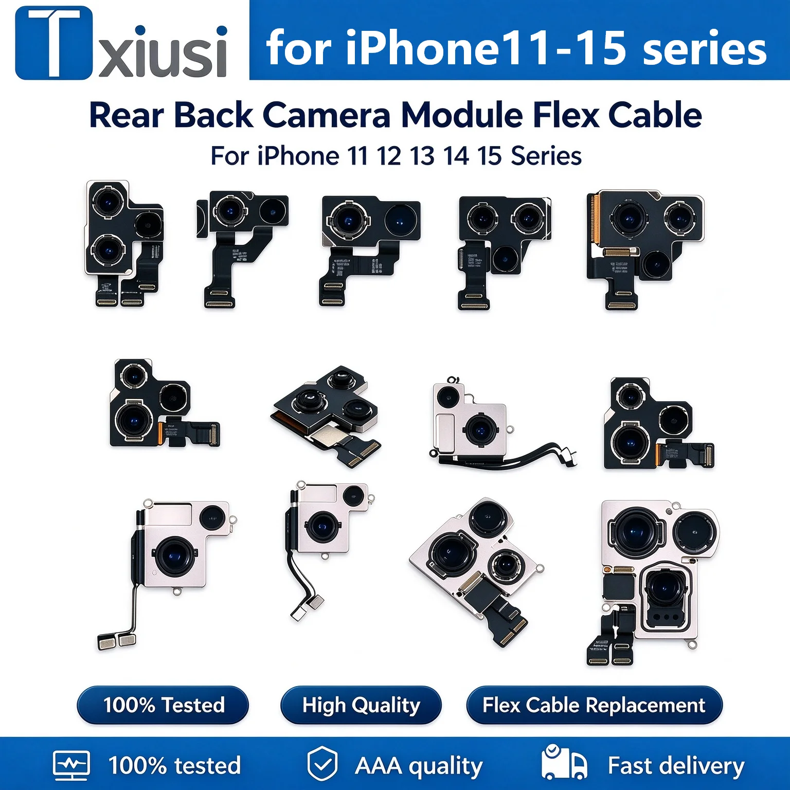 Rear Main Camera Module Flex Cable For iPhone 11 12 13 14 15 Pro Max Plus Mini Lens Replacement Repair Parts 100% Tested
