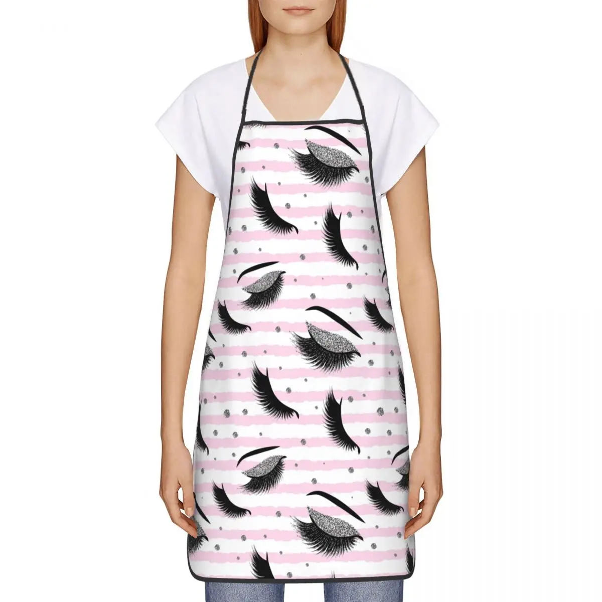 Unisex Glitter Silver Lashes Pattern Apron Adult Women Men Chef Tablier Cuisine for Cooking Kitchen Eyelash Printed Painting