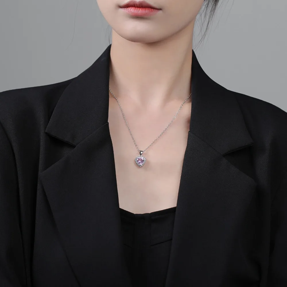 Charm Pink Heart Crystal Pendant Necklace for Women Temperament Silver Color Stainless Steel Collar Rings Jewelry Set Colorfast view 2