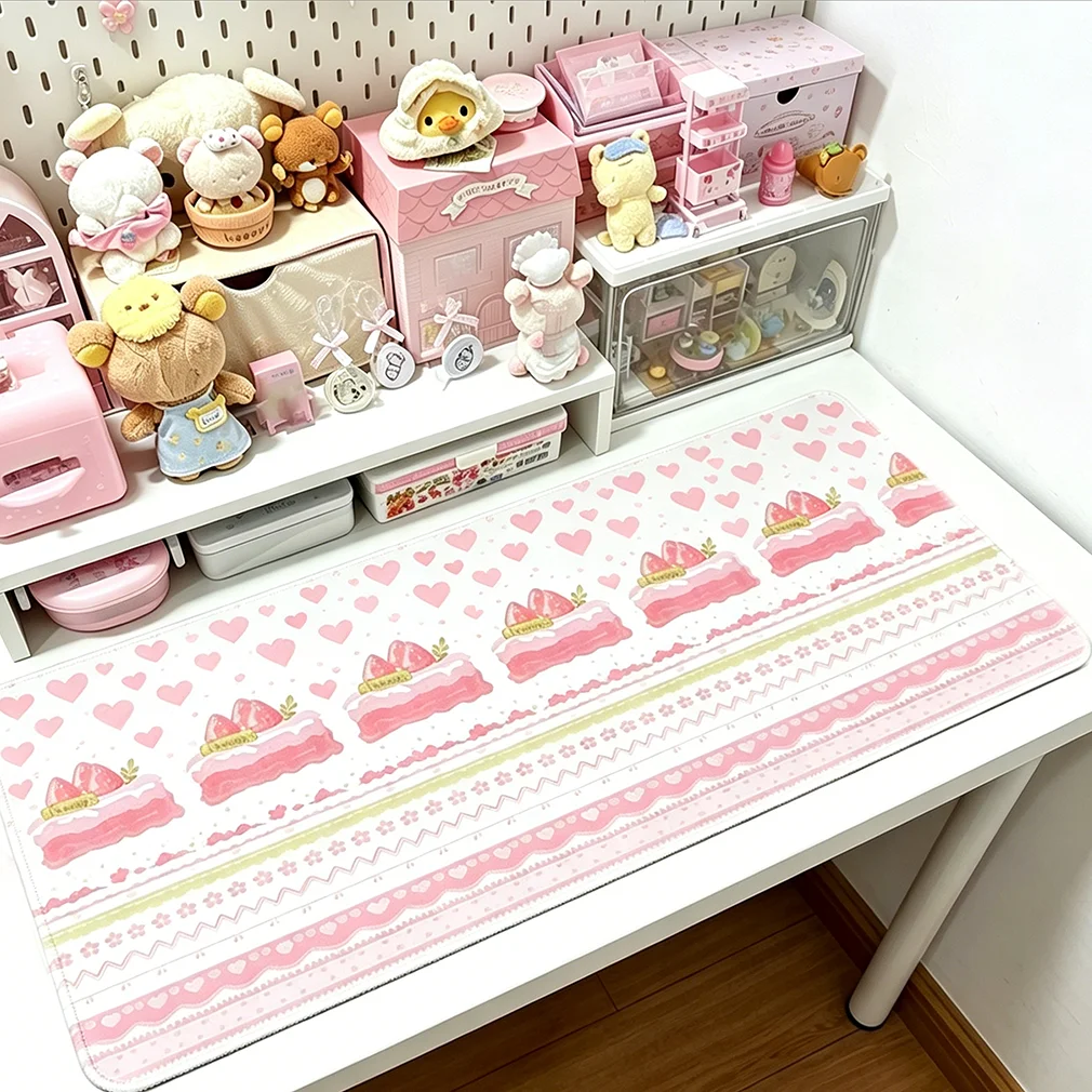 Leather Desk Pad Protector Y2k Pink Strawberry Cake Cream Bow Mouse Pad Office Desk Mat Non-Slip PU Desk Blotter Pad