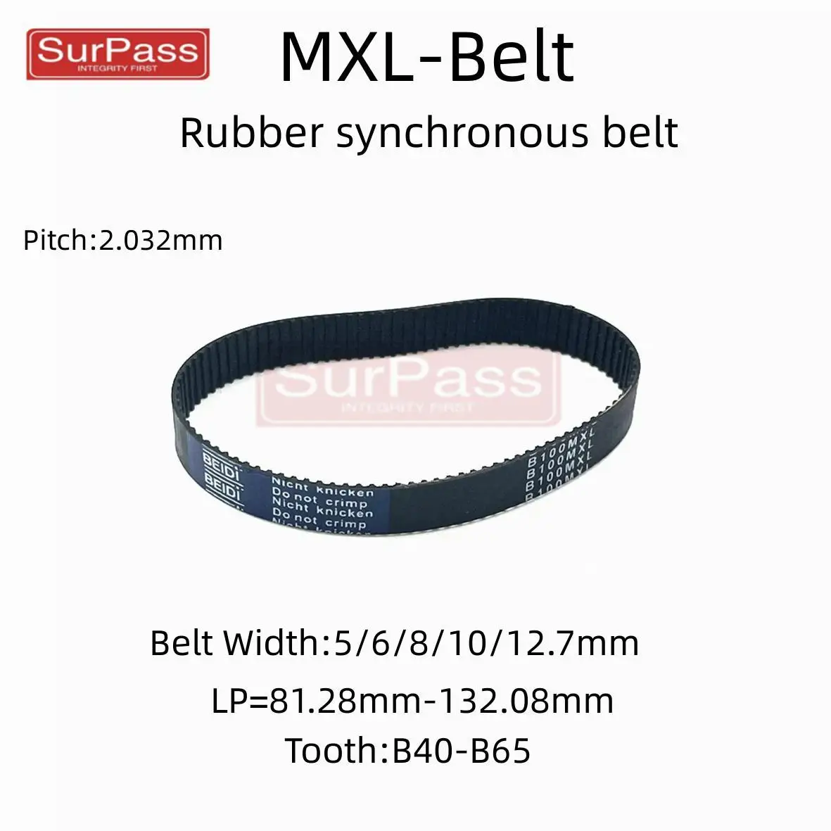 Trapezoidal Tooth B40 To B65 MXL Timing Belt Length LP=81.28mm To 132.08mm Width 5/6/8/10/12.7mm High Torque Toothed Belt