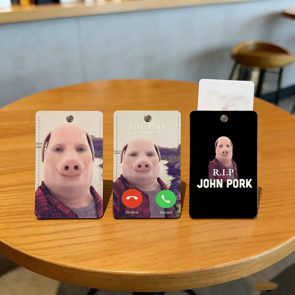 Funny J-John Pork is calling PIG m School rectangular keychain Bus house access card protective cover PU leather ID Best sellers