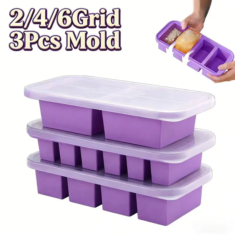 

Набор из 3 силиконовых форм для заморозки на 2/4/6 секций с крышкой, контейнеры для еды, супов, соусов, кухонные принадлежности