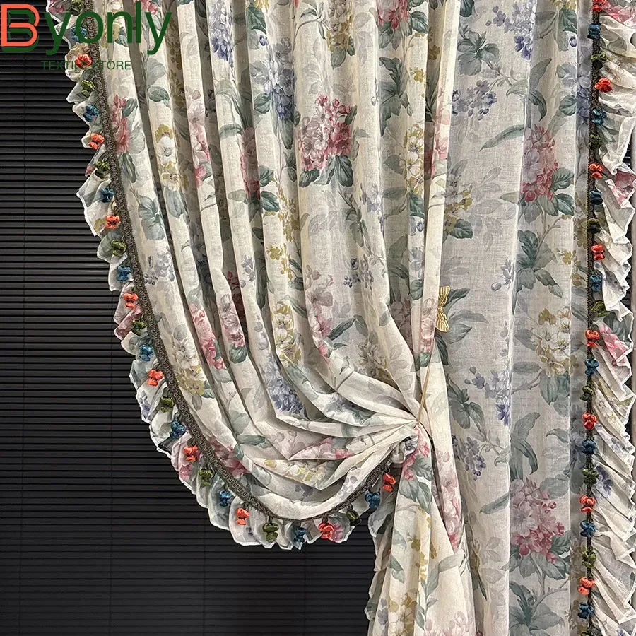 Customized New Linen Gauze Oil Painting Jacquard Lace Window Screens for Living Room Bedroom French Window Balcony Window Villa
