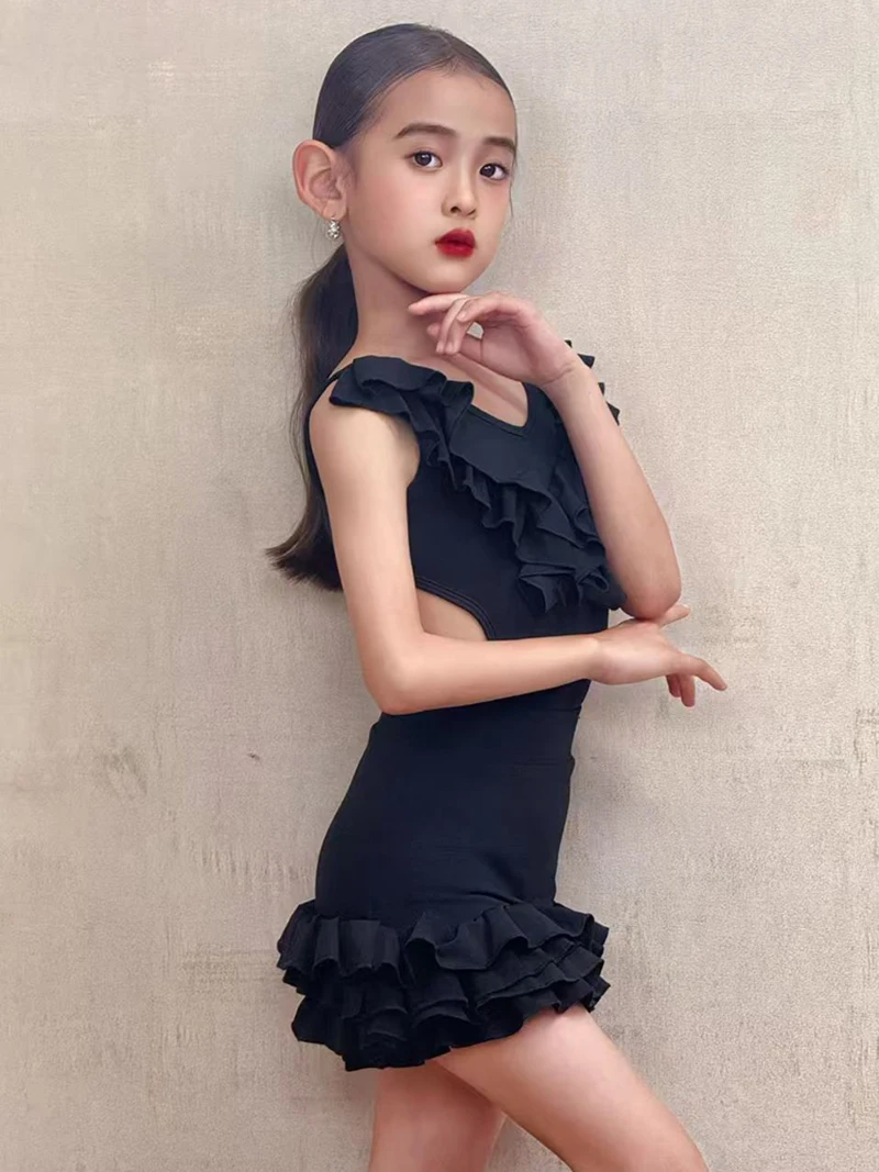 Dziecięce dziewczęce stroje do tańca latynoskiego bez rękawów, z falbankami, drążone fałdy, sukienka do tańca Samba Rumba praktyka konkursowy kostium taneczny