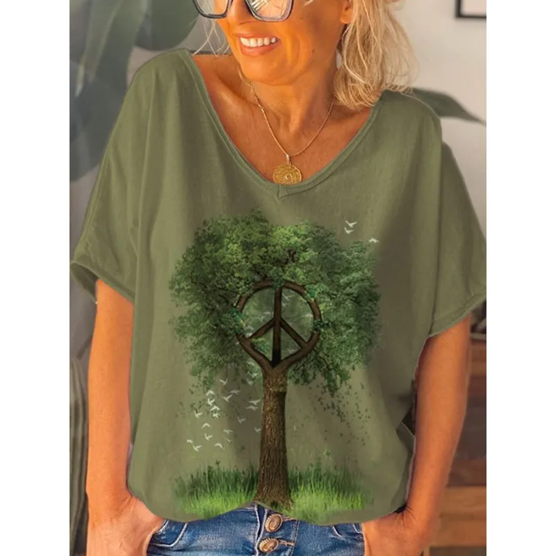 ilstile Women's Hippie Vintage Tree Print T-Shirts Summer Casual Loose Short Sleeve V Neck Tops White Green Tees