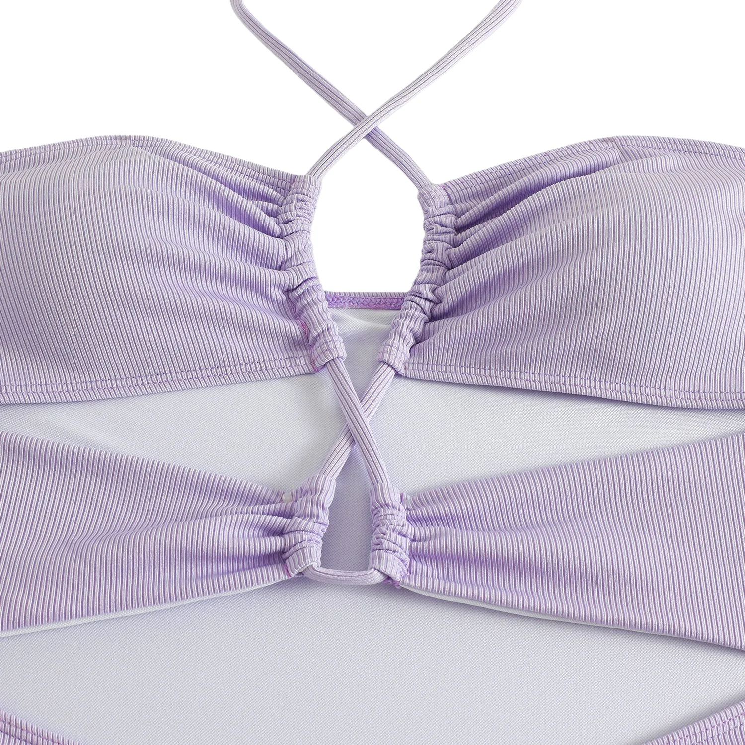 Traje de baño de una pieza acanalado lila para mujer, monokini con control de barriga y recorte lateral sexy, traje de baño para playa con correas ajustables