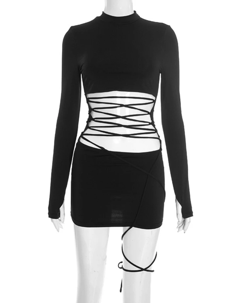 FDYOUI-minivestido de fiesta Sexy con cordones para mujer, Túnicas elegantes de manga larga recortadas, vestidos cortos para discoteca, color negro