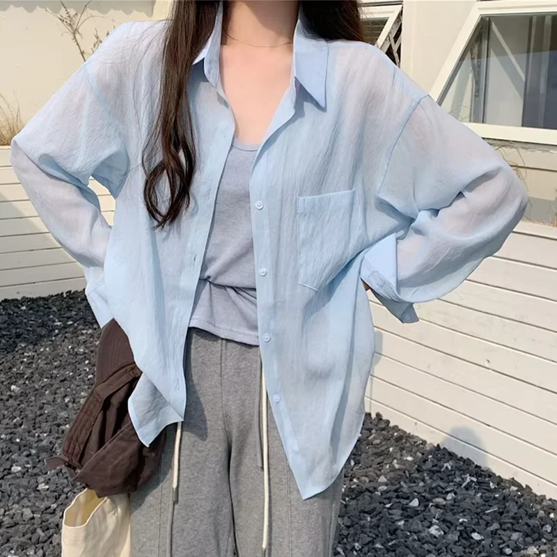 Loose Fit Blouse Loose Fit Mid-length Women's Summer Shirt Lapel Long Sleeve Single Breasted Solid Color Tops for Thin Sun