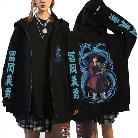 Anime Demon Slayer Water Hashira Tomioka Giyuu Graphic Zipper Hoodie Men Women Cosplay Cartoon Manga Casual Cotton Zip Up Jacket