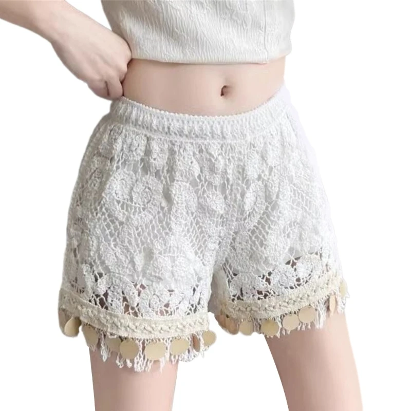 Bohemian Sequins Tassels Cotton Shorts with Lining Elasticized Waistband Hollow Crochet Knit Wide Leg Shorts for Drop Shipping