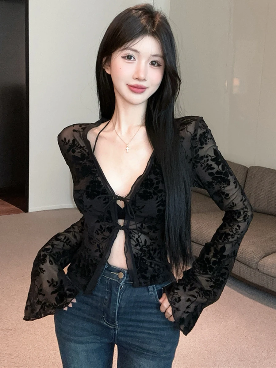 Sexy Elegant Short Sleeve Hollow out T-Shirt Women's Slim Fit High Waist Bell Sleeve Long Sleeve Hollow out Top Base Layer
