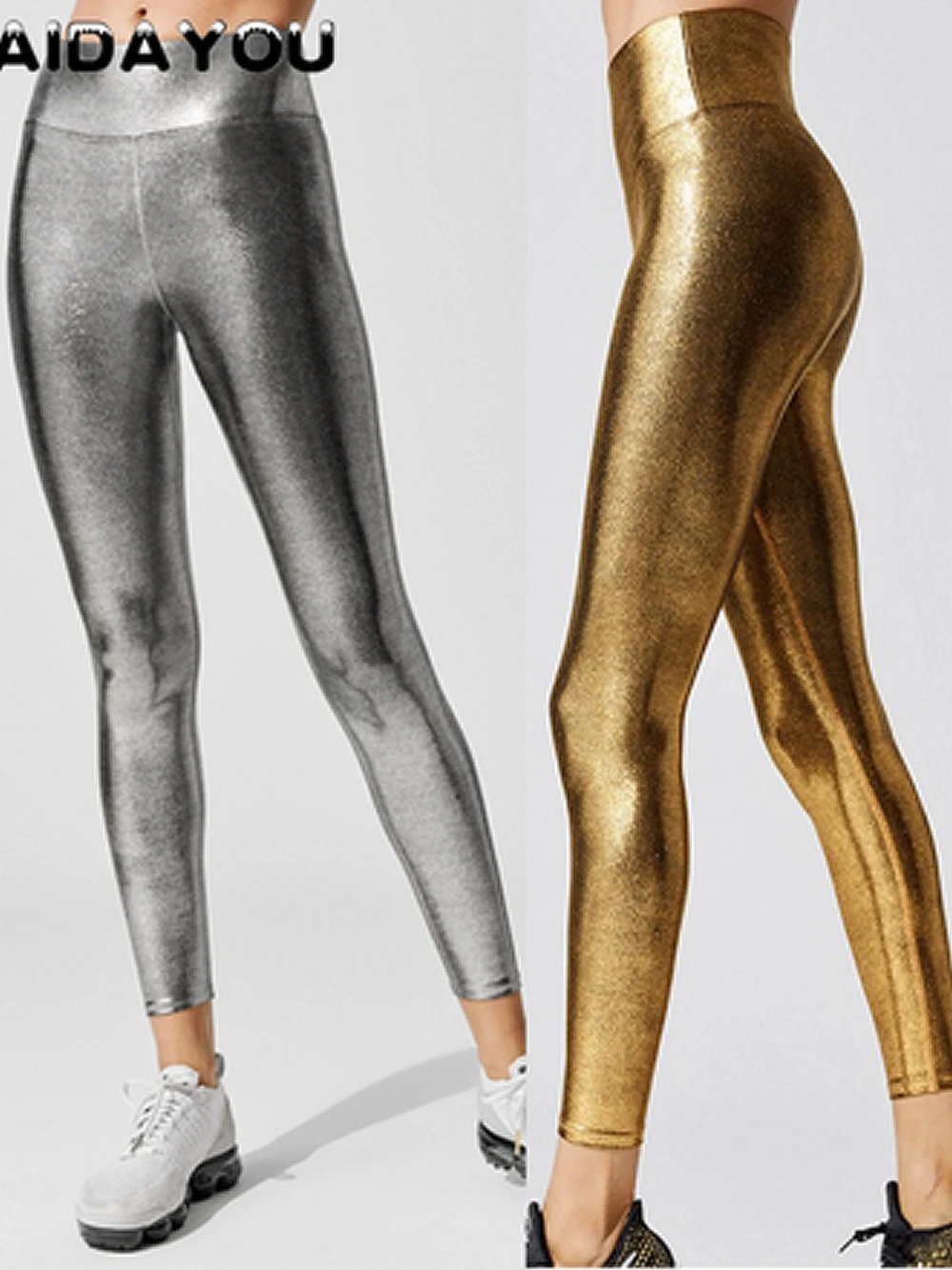 Leggings metallici lucidi a vita alta per le donne Vacanza Natale Pantaloni argento Elastico Streetwear ouc1187