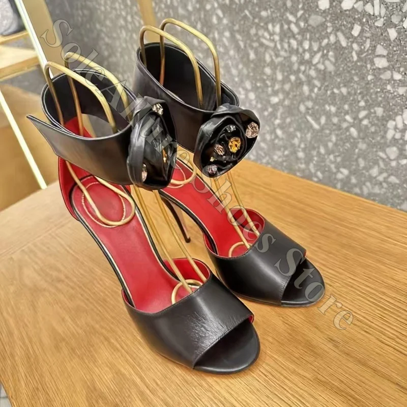 Women Red Patent Leather Stiletto Heels Open Toe Ankle Strap Flower Buckle Summer Party Prom Wedding Dress Sandals