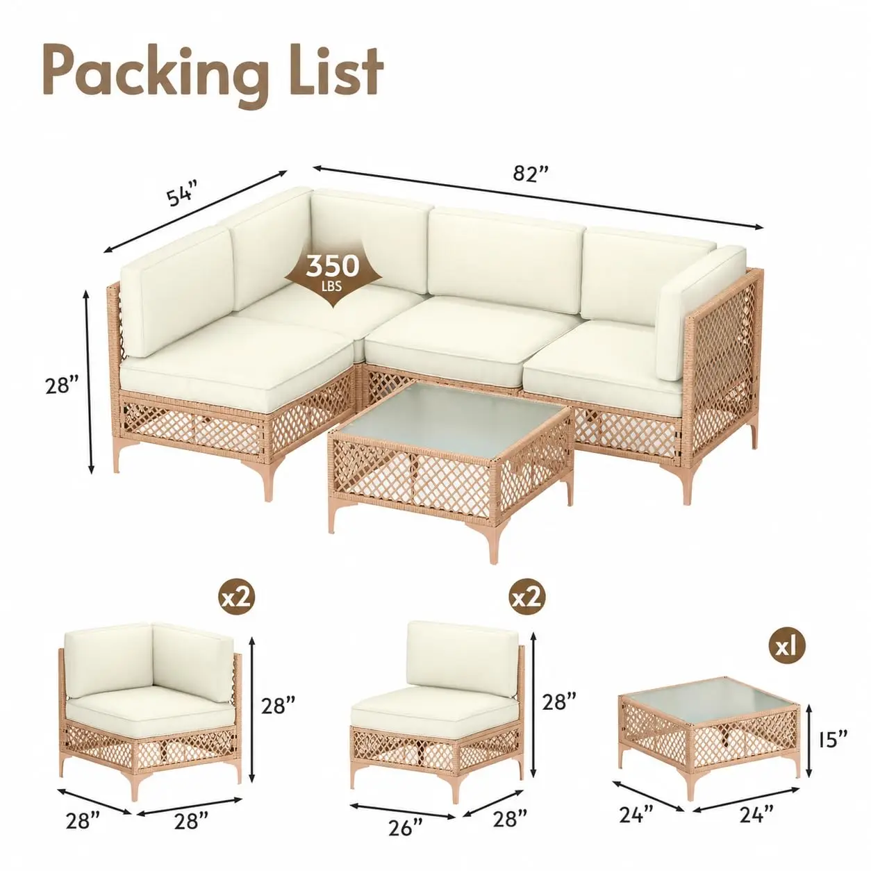 5-Piece Outdoor Sofa with Thick Cushion, Lightweight Patio Sectional with Effortless Assembly, Space-Saving Furniture Set & Easy