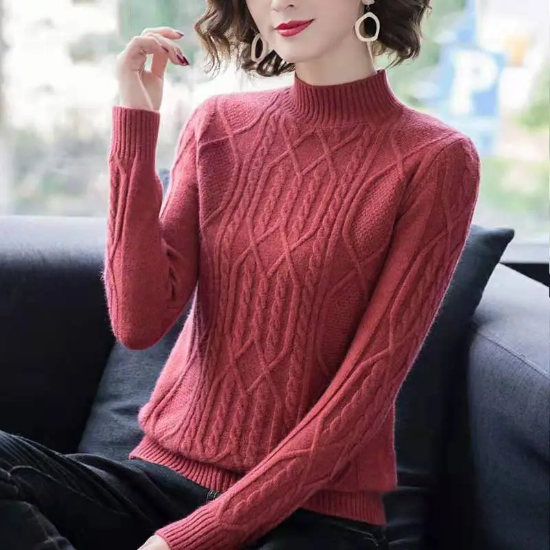 Office Lady Solid Color Pullover Long Sleeve Half High Collar Screw Thread Sweater Knitted Women's Clothing Autumn Winter Tops