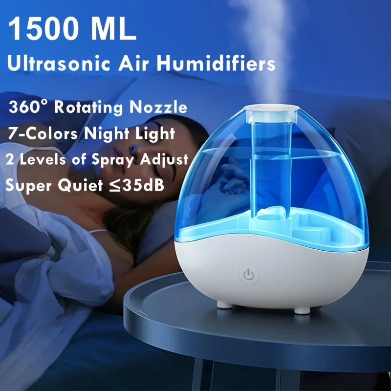 1pc, 1500ML Extra-Large Capacity Ultrasonic Cool Mist Humidifier - 2-Level Adjustable Spray, ° Rotation Nozzle, Auto-Shut Off,