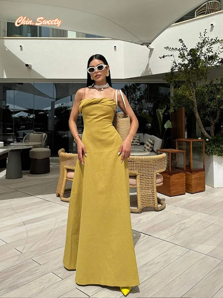 

Elegant Fashion Hemp Rope Bustier Strapless Maxi Dress Chic Patchwork Sleeveless Ruffled Sling A-line Dress New Women Party Gown