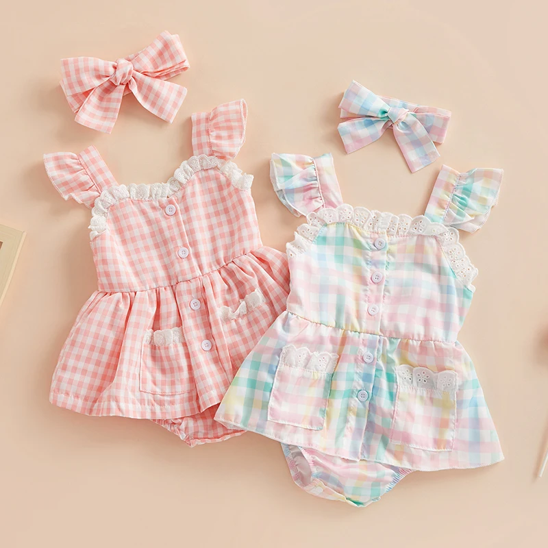 Newborn Baby Girls Romper Dress Plaid Lace Ruffle Jumpsuit Playsuit + Bow Headband Summer Jumpsuits Outfit