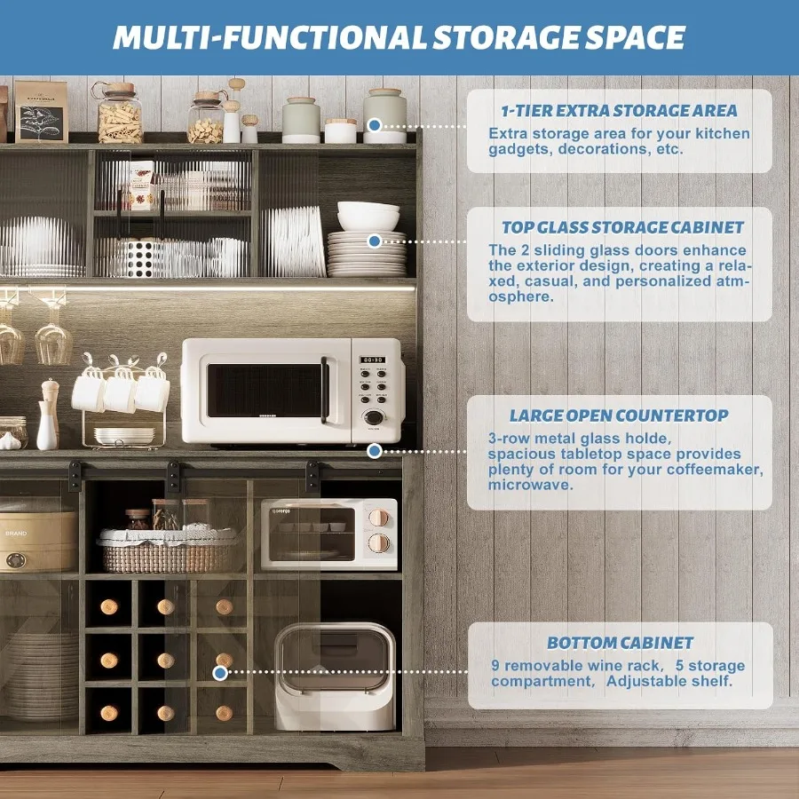 65 بار القهوة مزرعة القهوة بار مع محطة شحن مصباح ليد خزانة بوفيه مع تخزين طويل القامة بار المطبخ خزانة القفص ث