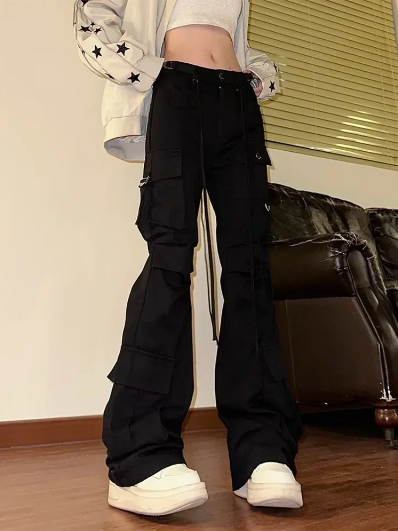 Women Black Gothic Flare Jeans Harajuku Vintage Emo 2000s Y2k Baggy Denim Trousers Oversize Wide Cowboy Pants 90s Trashy Clothes