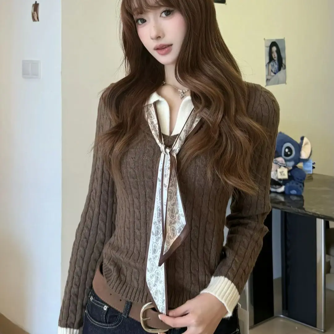 Autumn Winter New Women Fashion Twist Knit Two‑piece Long Sleeve Sweater Scarf Versatile Slim Fit Knitted Top