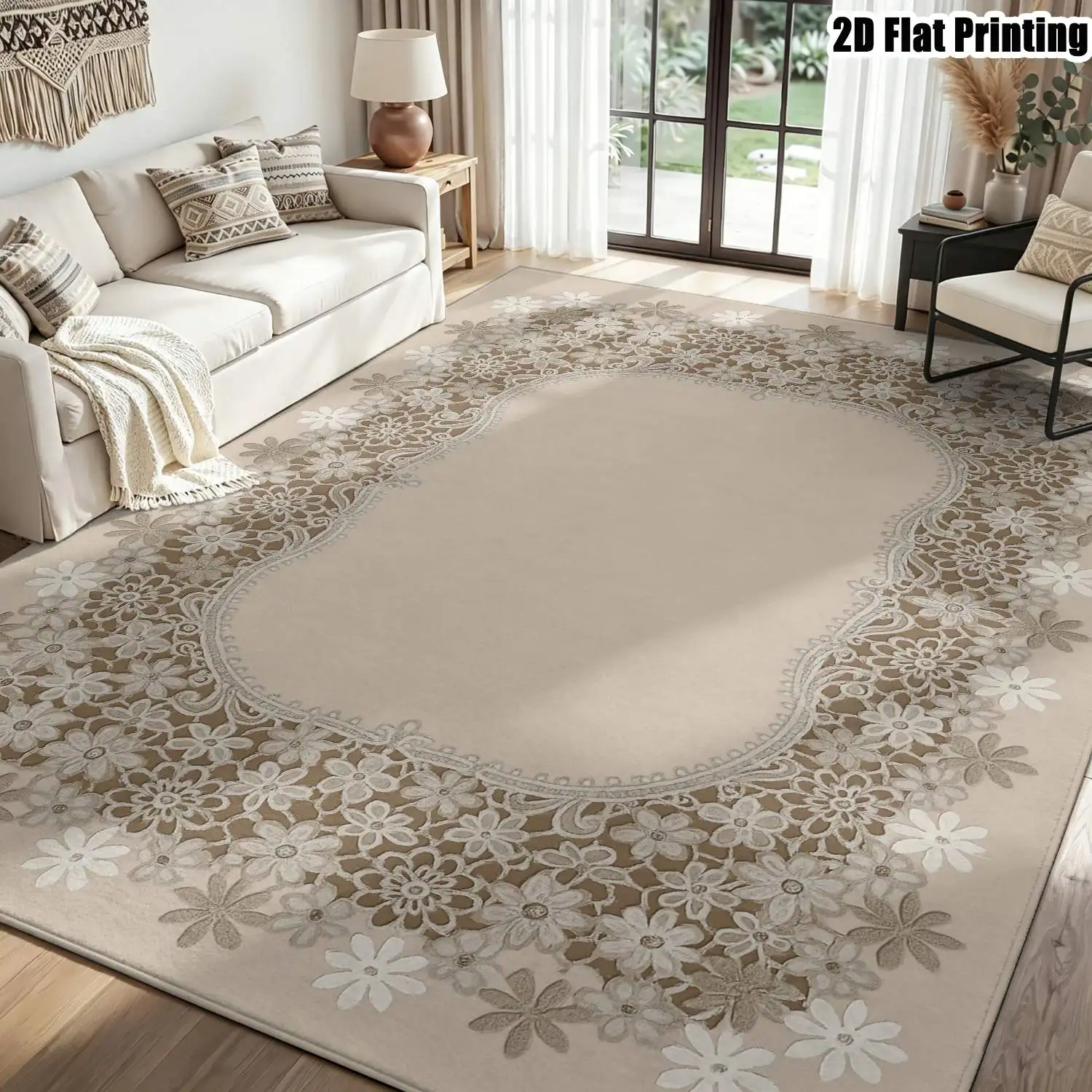 1Pc 2D Printed Carpet: Beige Floral Border, European/Retro/Minimalist Style for Home Decor, Multiple Sizes, Machine Washable, Suitable for Entrance, Dining, Foyer, Living Room, Bedroom, Study
