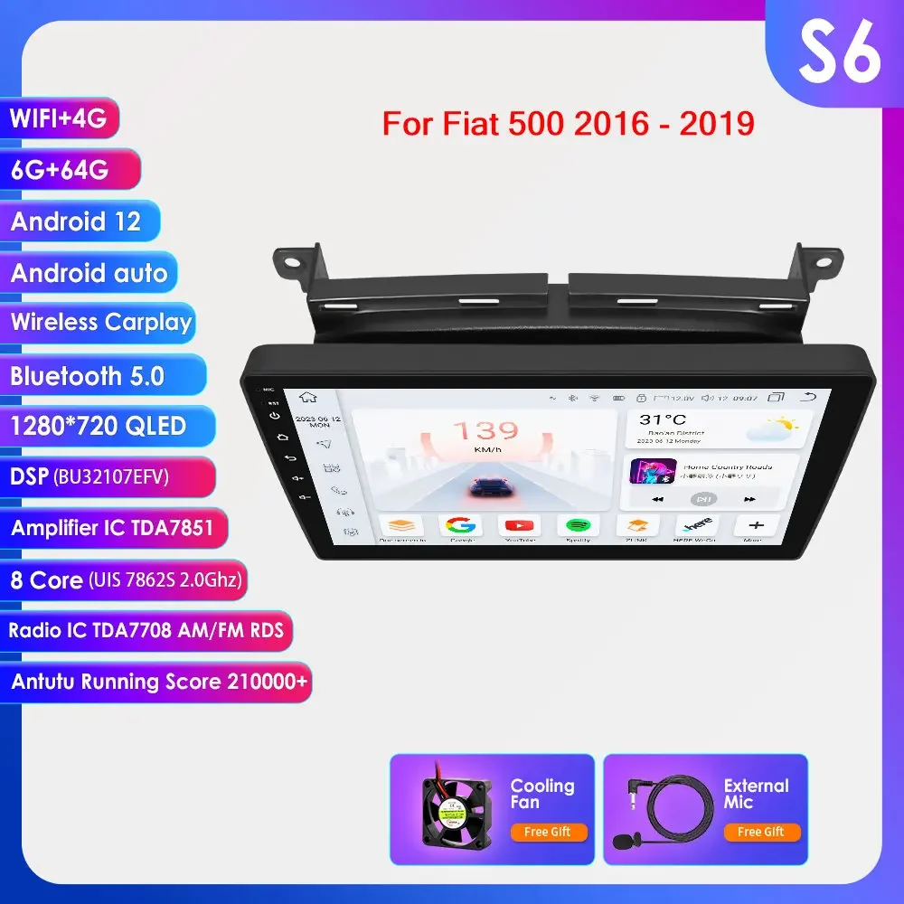 Hizpo 9 ''Draadloze Carplay Android Auto Auto Multimedia Speler Voor Fiat 500 2016 2017 2018 2019 Carplay 4G Autoradio 360 ° Camera