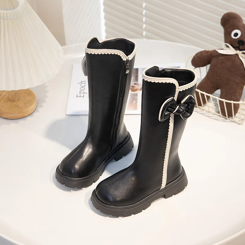 

School Shoes for Girls Boots 2025 New Autumn Kids Princess Leather Boots with Cute Bow Soft Sole Simple Christmas Party Boots