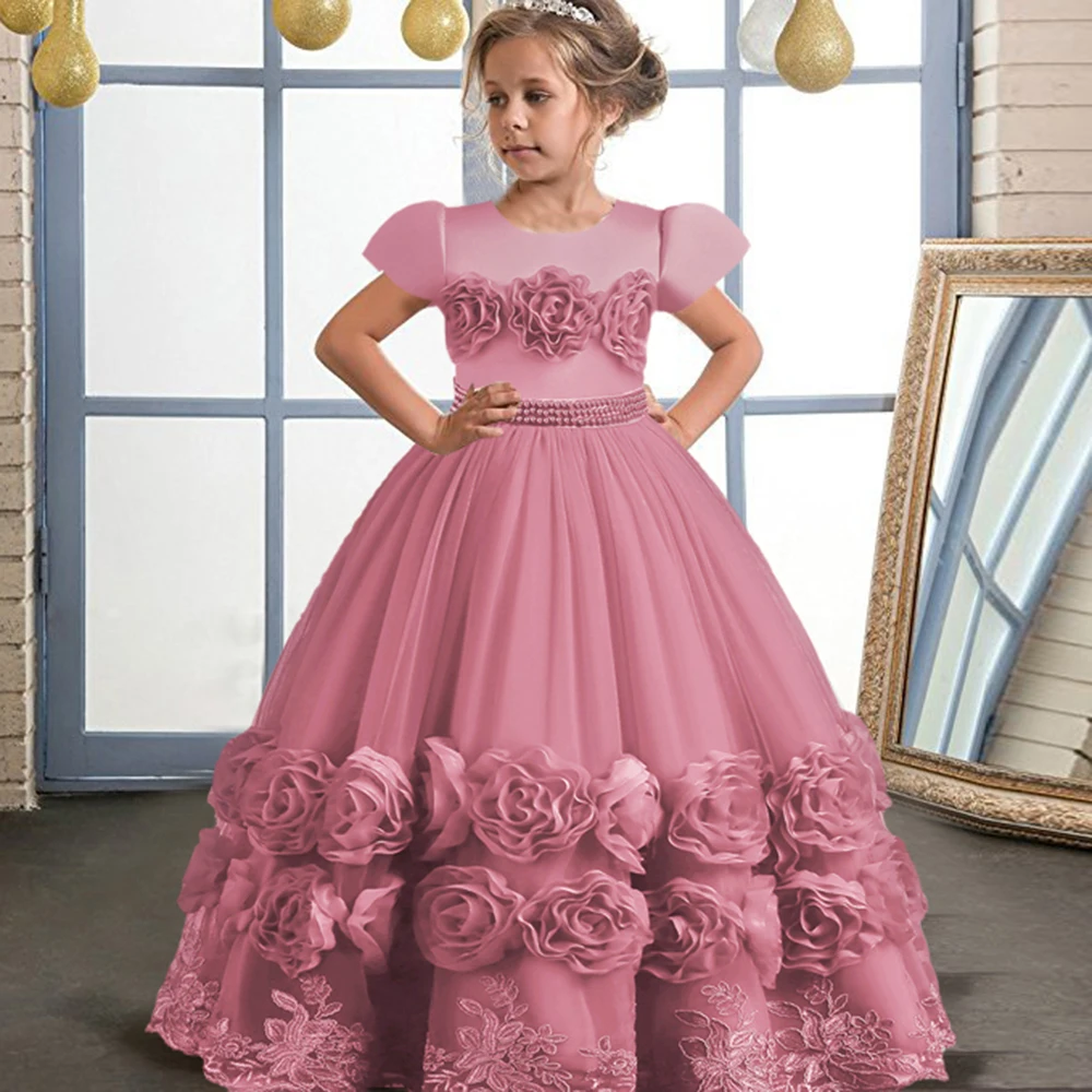 Floral Flower Elegant Girls Wedding Dresses Lace Mesh Children\'s Long Formal Princess Clothes Kids Bridesmaid Evening Vestidos