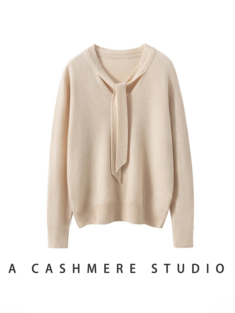 ผู้หญิง 100% เสื้อกันหนาวแคชเมียร์ริบบิ้น V คอออกแบบ Pullovers ฤดูใบไม้ร่วงฤดูหนาว Retro Retro สไตล์นุ่มเสื้อถักเสื้อผ้า Tops High-end