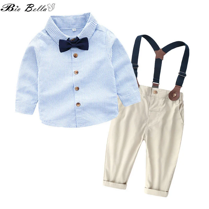 

Kids Gentle Boy Suits Bow Tie Striped T-shirt+Pants with Suspender 2pcs Outfits Gentleman Long Sleeve Cotton Boy Clothing Sets