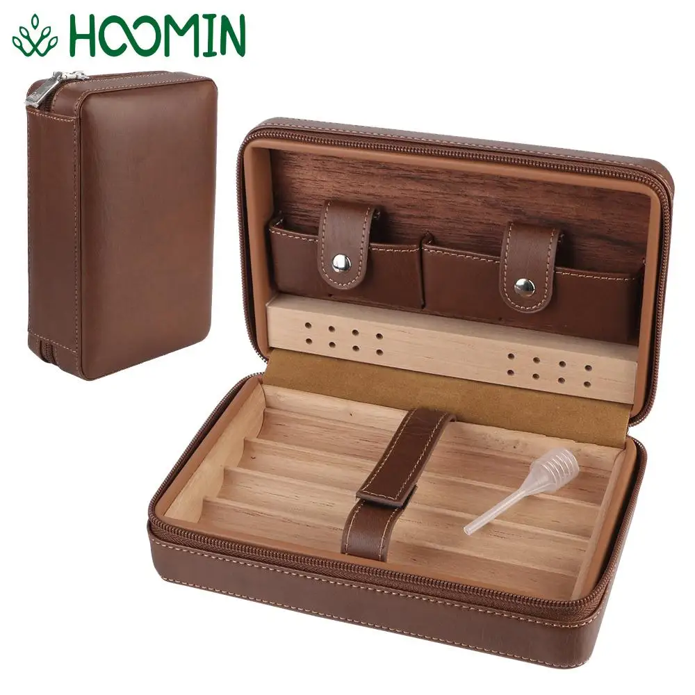 

PU Leather Cigar Case Storage Humidifier Smoking Accessories Cedar Wood Cigar Humidor Box 4 Cigars Box Humidor