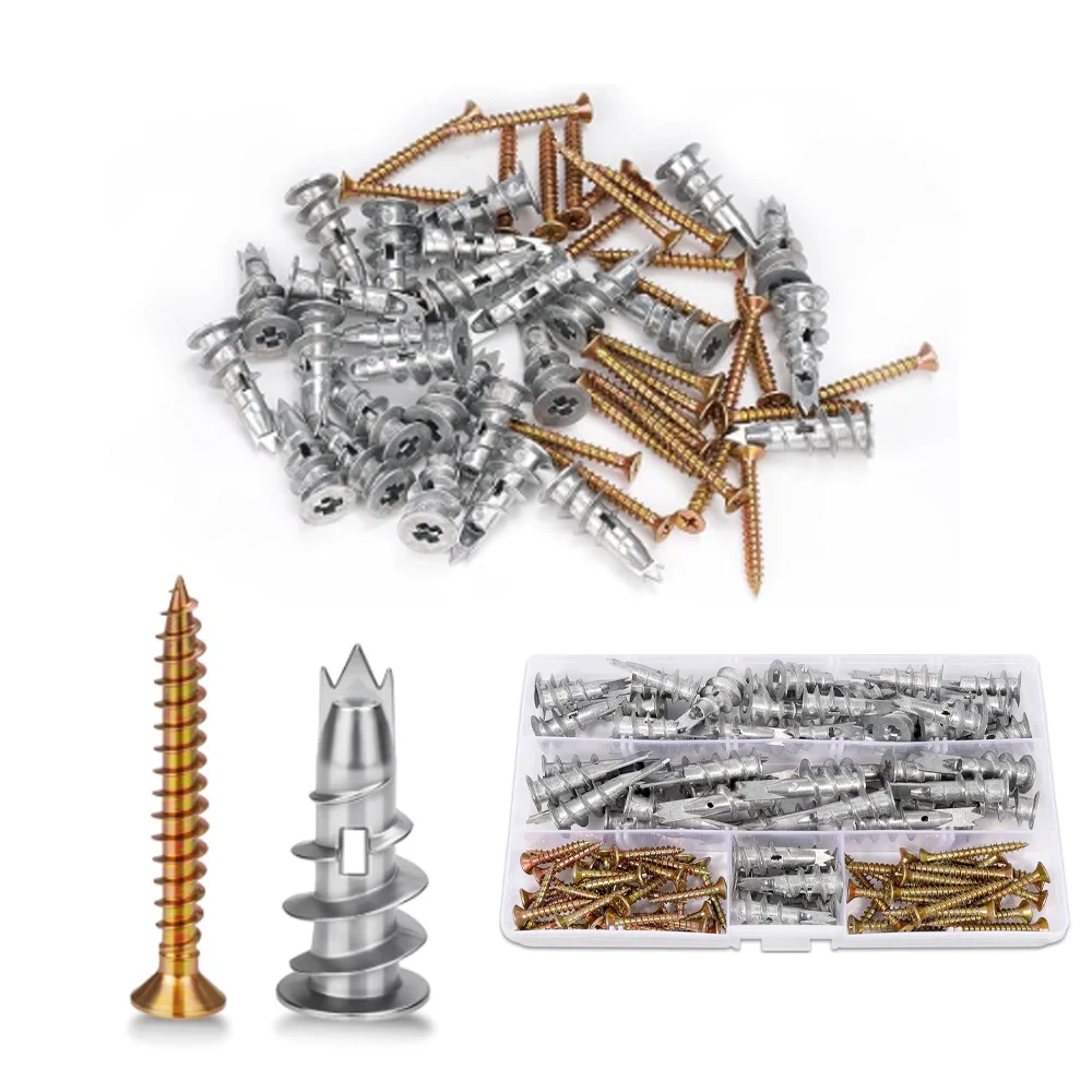 100pcs Zinc Alloy Wall Anchor Driven Expansion Tube + Wood Screws Self-Drilling M4 Drywall Screws Plasterboard Anchors Concrete